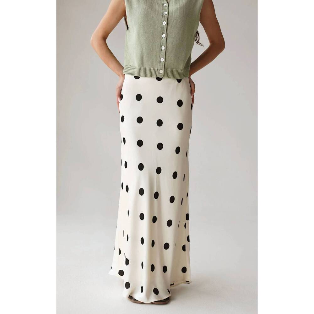 NEW LELIS classic polka dot satin high-waisted maxi skirt in white/black